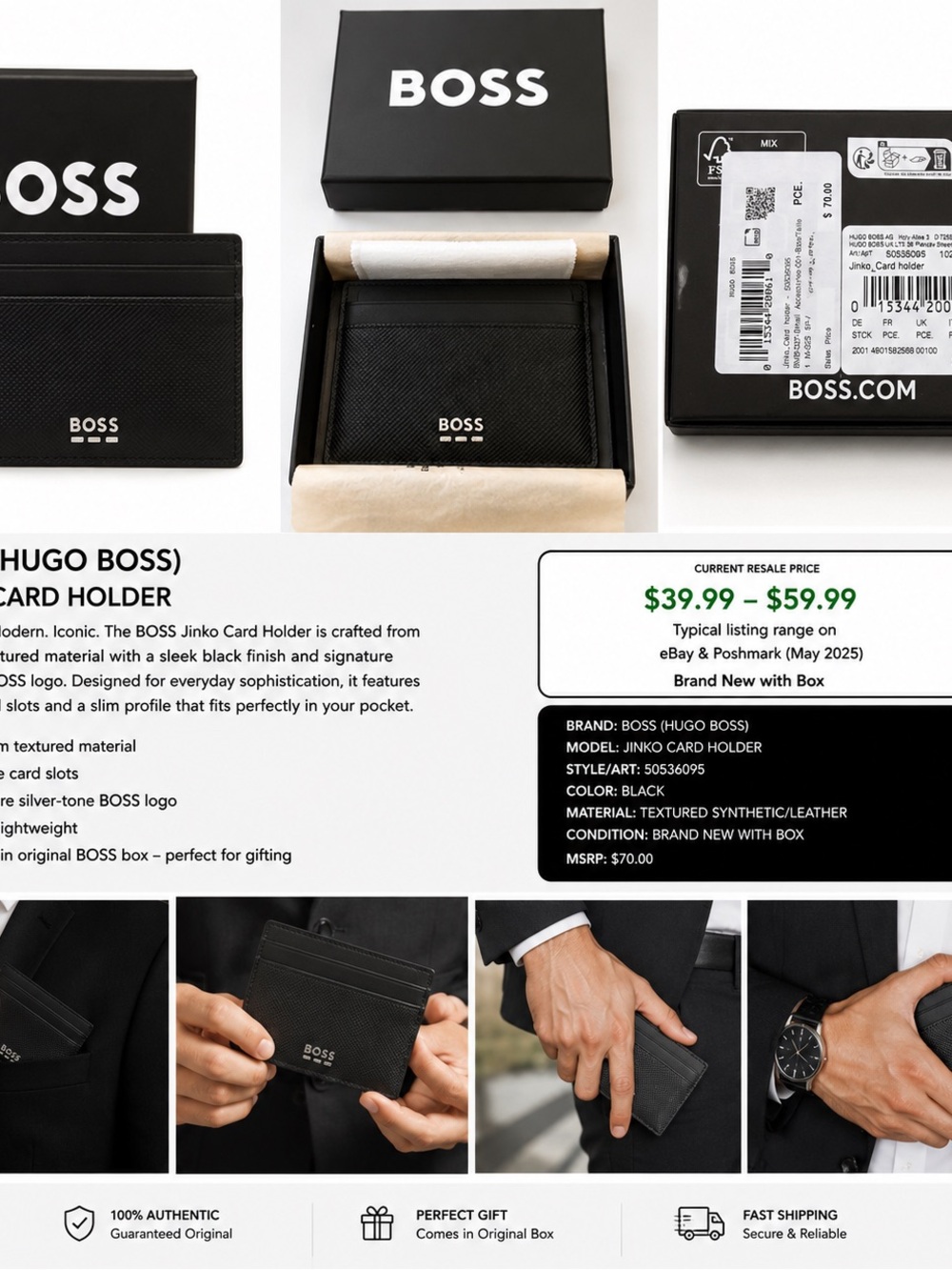 BOSS Black Jinko Card Holder - Sleek Leather Card Wallet